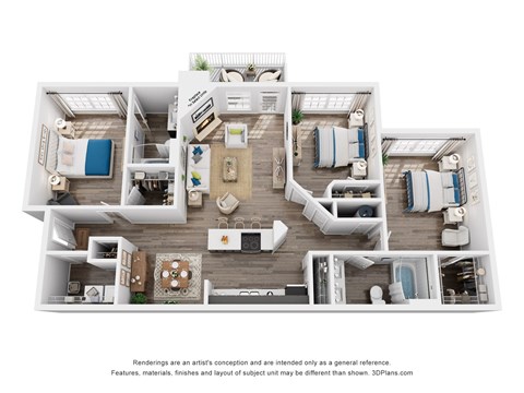 Floor plan for 3 beds, 2 baths, 1308 sqft